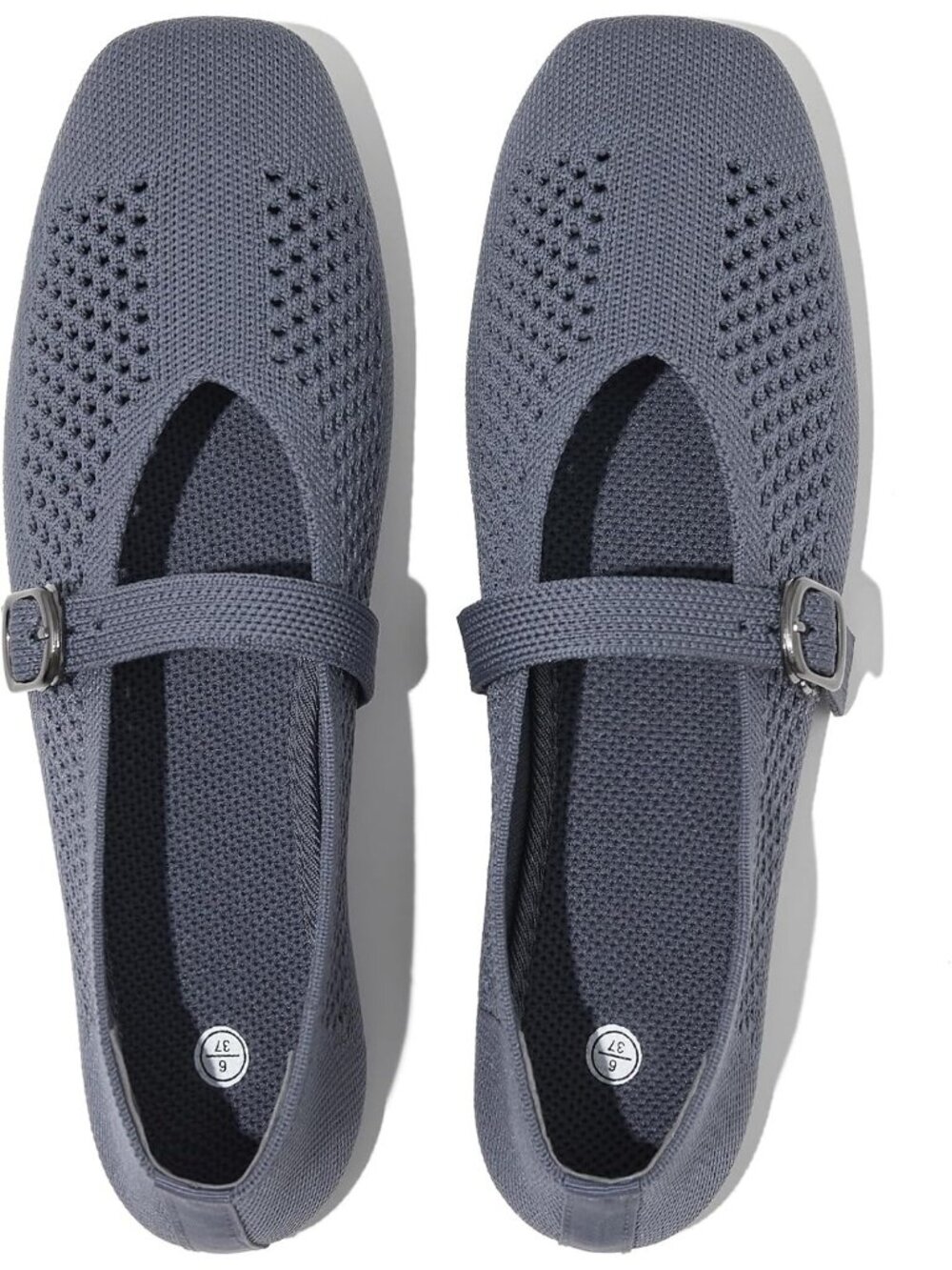 Women's Grey Square Toe Knit Buckle Ballet Flats Comfortable Casual Shoes